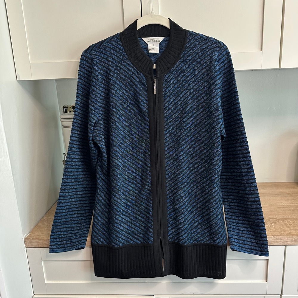 Exclusively Misook Full Zip Jacket Womens S Blue Black Textured Stripe‎ Travel